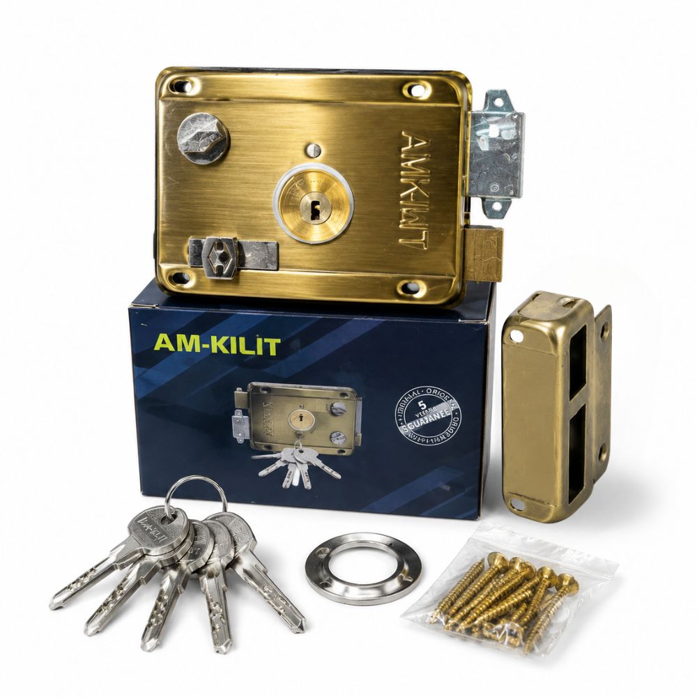 Buy the AM-KILIT LT-311 Rim Lock with 5 cross keys. Heavy-duty surface-mounted lock for main gates, wooden and metal doors. Available in Antique Brass finishes.