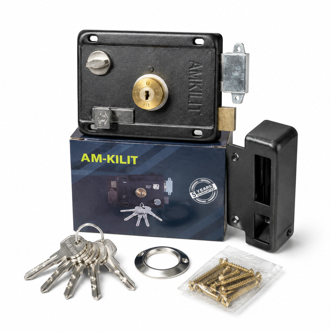 Buy the AM-KILIT LT-311 Rim Lock with 5 cross keys. Heavy-duty surface-mounted lock for main gates, wooden and metal doors. Available in Black finishes.
