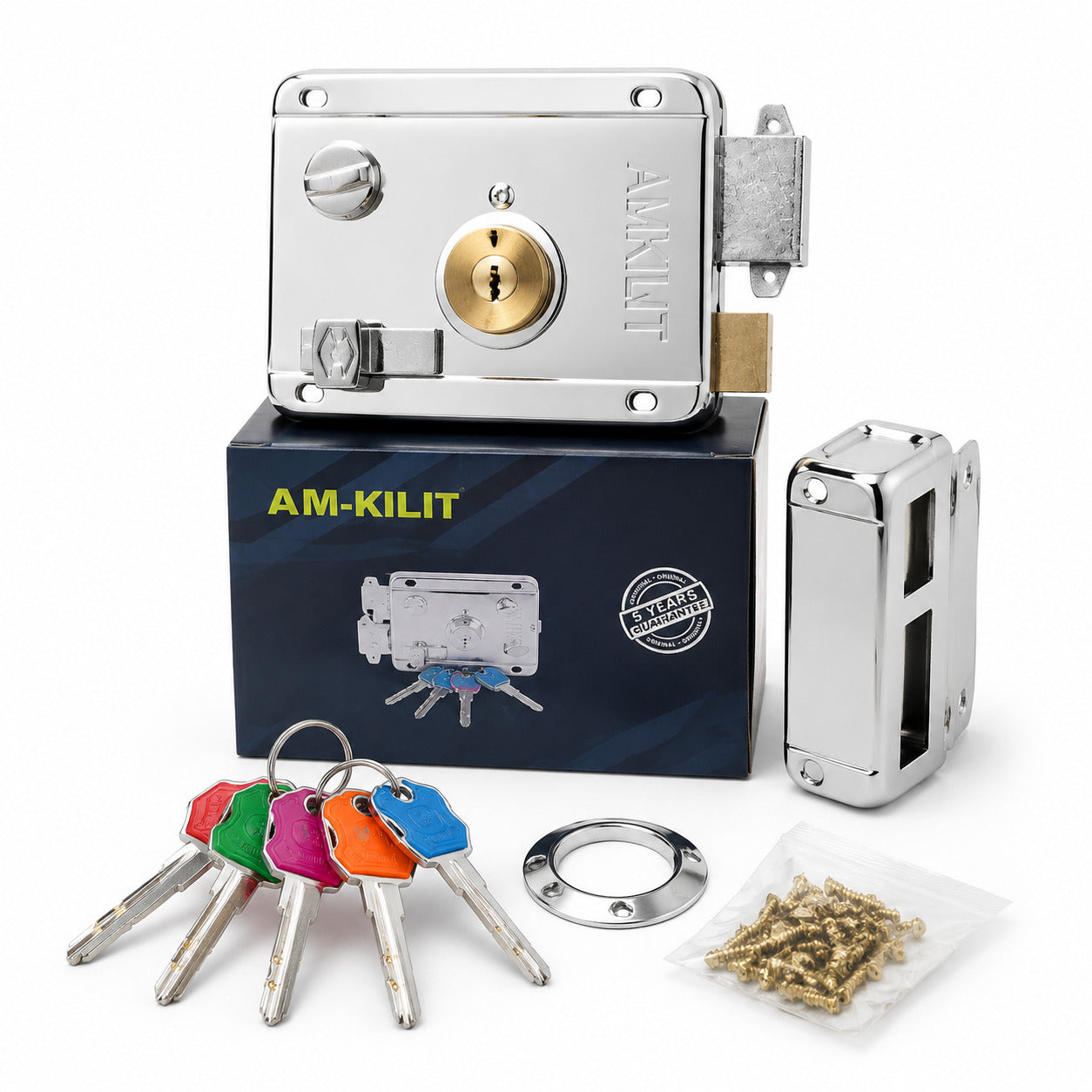Buy the AM-KILIT LT-312 heavy-duty rim lock with a chrome finish, brass cylinder, and 5 brass keys. Perfect for main gates, wooden doors, metal doors, homes, offices, and shops.