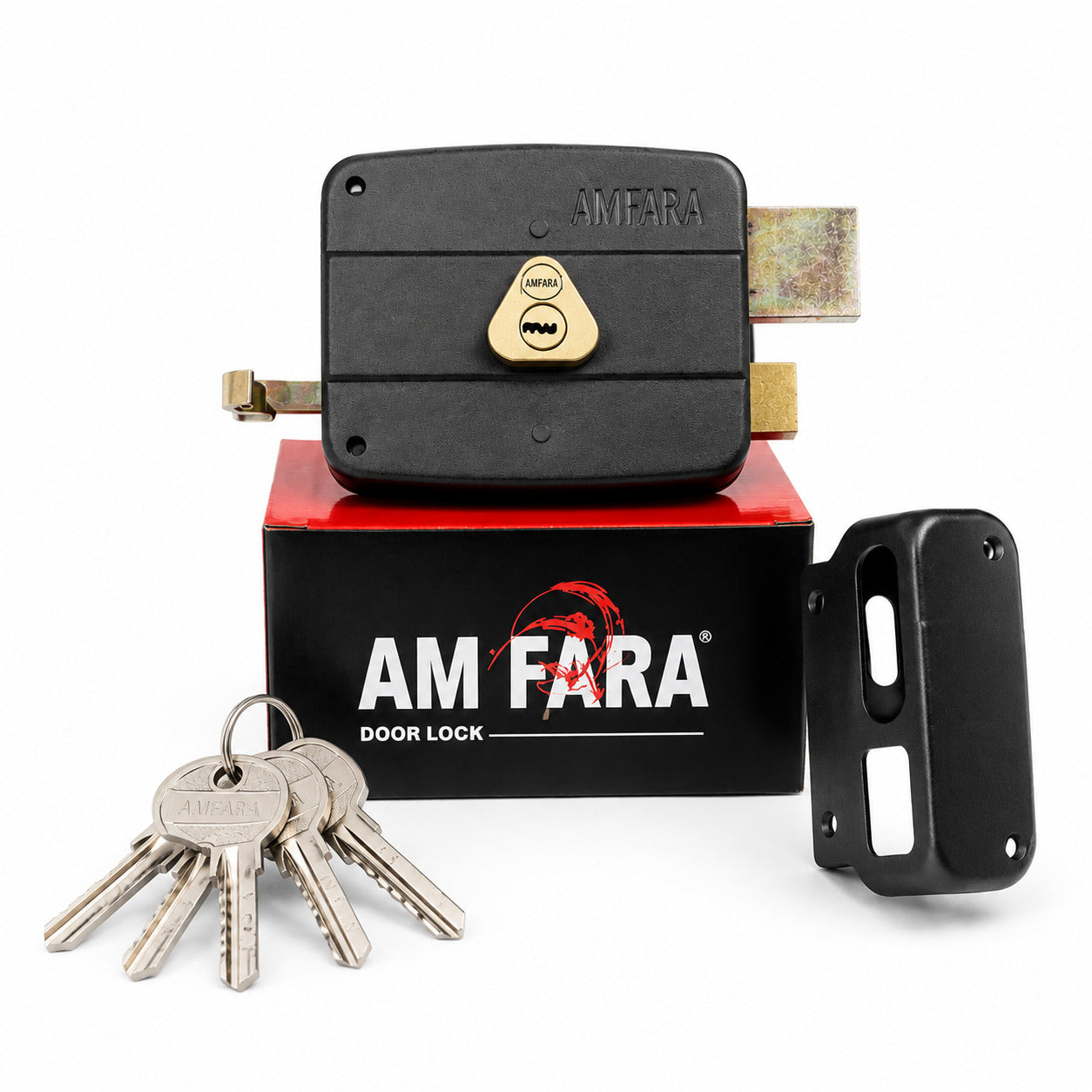 Buy the AM FARA heavy-duty rim lock for main gates and doors. Features a durable metal body, brass cylinder, 5 keys, smooth operation, and easy installation for homes, offices, and shops.