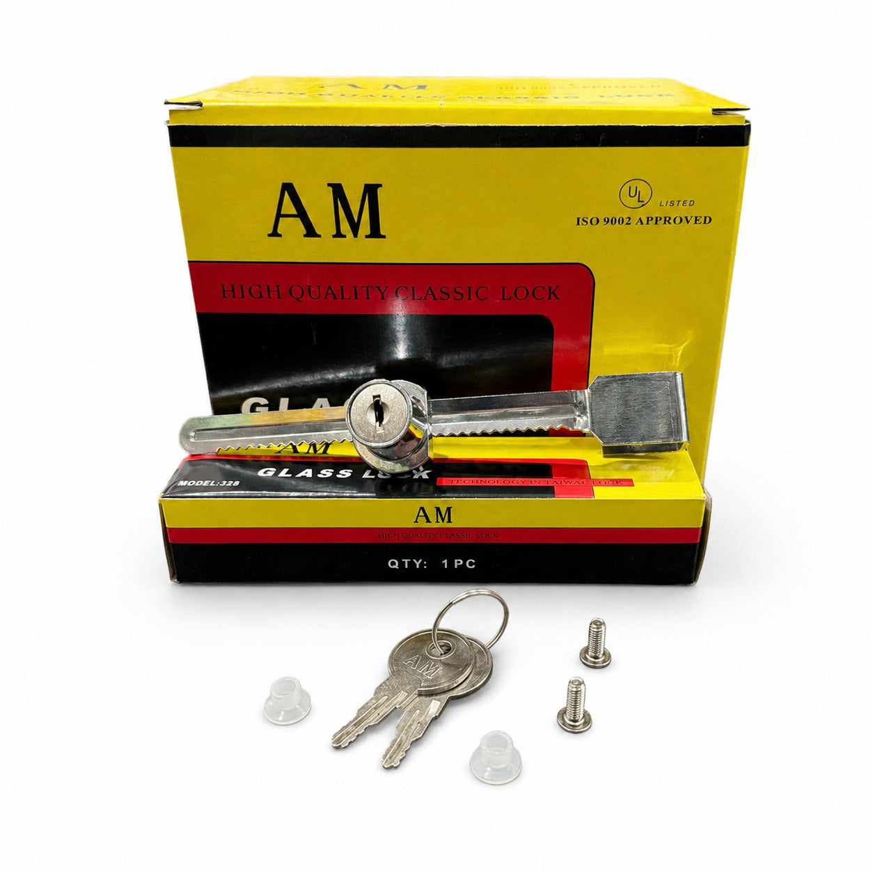 AM Shesha Lock 328 – Steel Key Glass Lock (12 pcs Box)